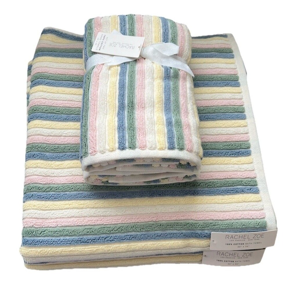 Rachel Zoe Pastel Rainbow Stripes 2 Bath 2 Hand Towels 4 pc Set 100% Cotton New
